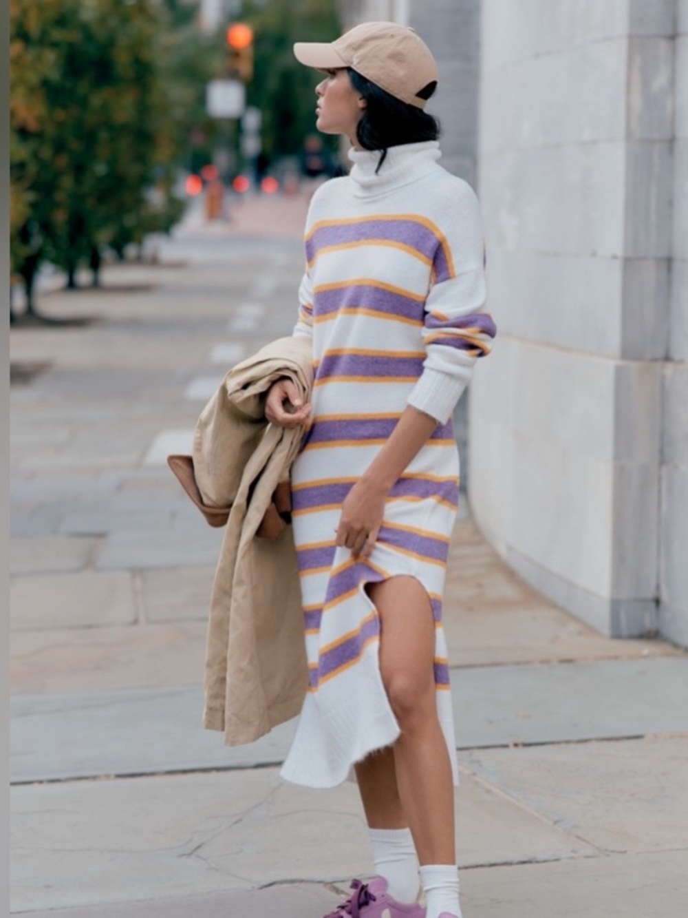 Striped Turtleneck Midi Dress in White and Lavender
